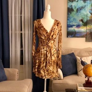 Bebe Leopard print long sleeve short dress, size S